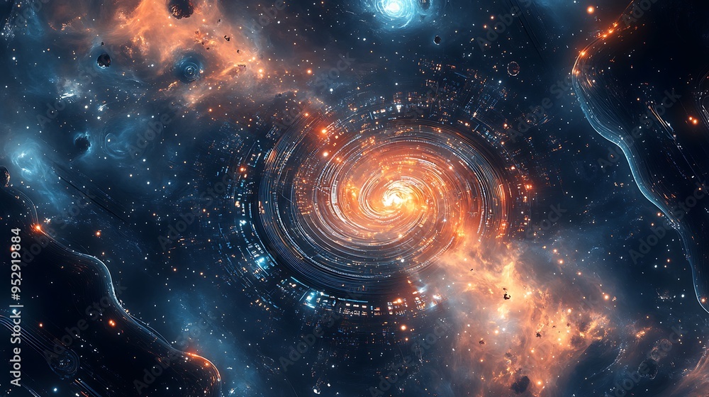 Poster a circular structure with glowing lights in a starry sky
