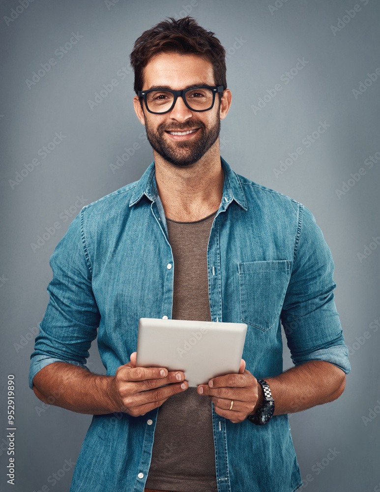 Poster Man, gray background and portrait with tablet and glasses, career with software programming in London. Male creative, ebook or studio with happiness for digital job, mobile app or website development
