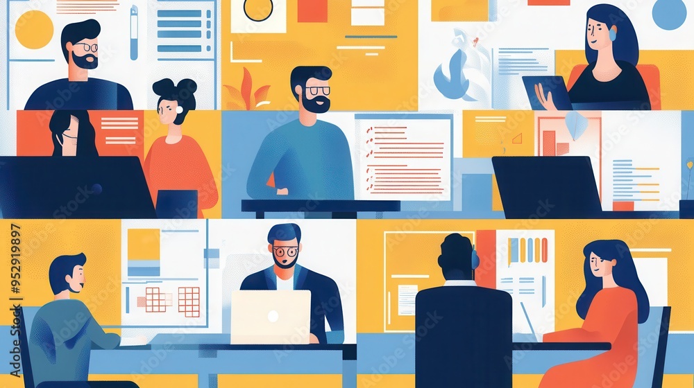 Poster A group of people engage in collaborative work at computer stations, focusing on various tasks in a vibrant office environment. Generative AI