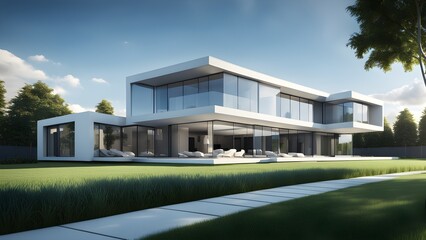 A large white house with a lot of glass windows and a large lawn