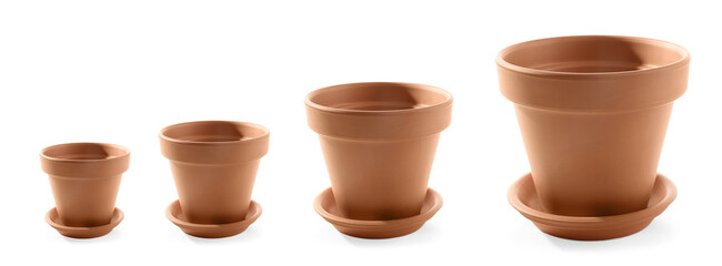 Set of flower pots of different sizes for gardening on white background