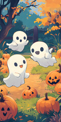 Naklejka premium Whimsical ghosts playing in a pumpkin patch