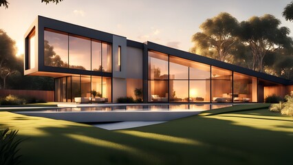 A large house with a pool and a lot of windows