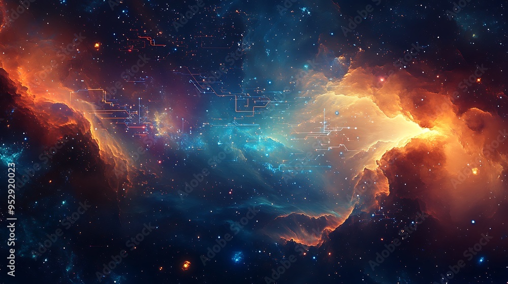 Poster cosmic nebula with intertwining lines of light and stars
