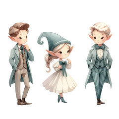 elf set. Watercolor illustration of an elf. Fairy elf.  