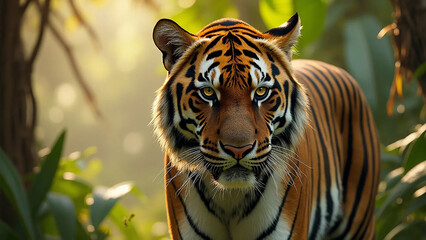 Fototapeta premium Photograph of a tiger on a jungle safari, 16:9 widescreen, 300 dpi, with free space for text
