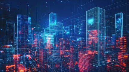 Fototapeta premium Digital Cityscape with Neon Grids and Buildings
