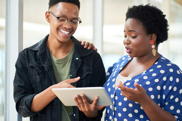 Tablet, creative and team of black people planning, research and brainstorming business ideas....