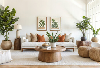 Round wood coffee table against white sofa. Scandinavian home interior design of modern living room.