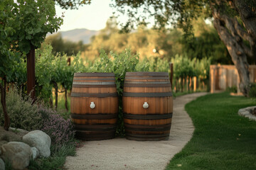 Naklejka premium Vineyard Romance: Rustic Barrels in a Romantic Vineyard Estate