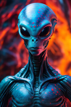 Detailed alien grey humanoid against fiery background