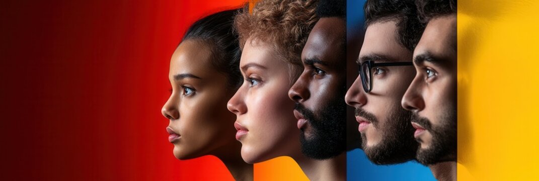 A line separates diverse faces, representing societal divisions and biases, with vibrant colors emphasizing differences and unique identities. Generative AI