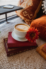 Coffee, Cortado, Latte with Latte art in Cozy Coffee Shop with Plants and Flowers