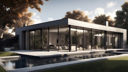 A large house with a pool and a large glass window
