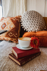 Coffee, Cortado, Latte with Latte art in Cozy Coffee Shop with Plants and Flowers