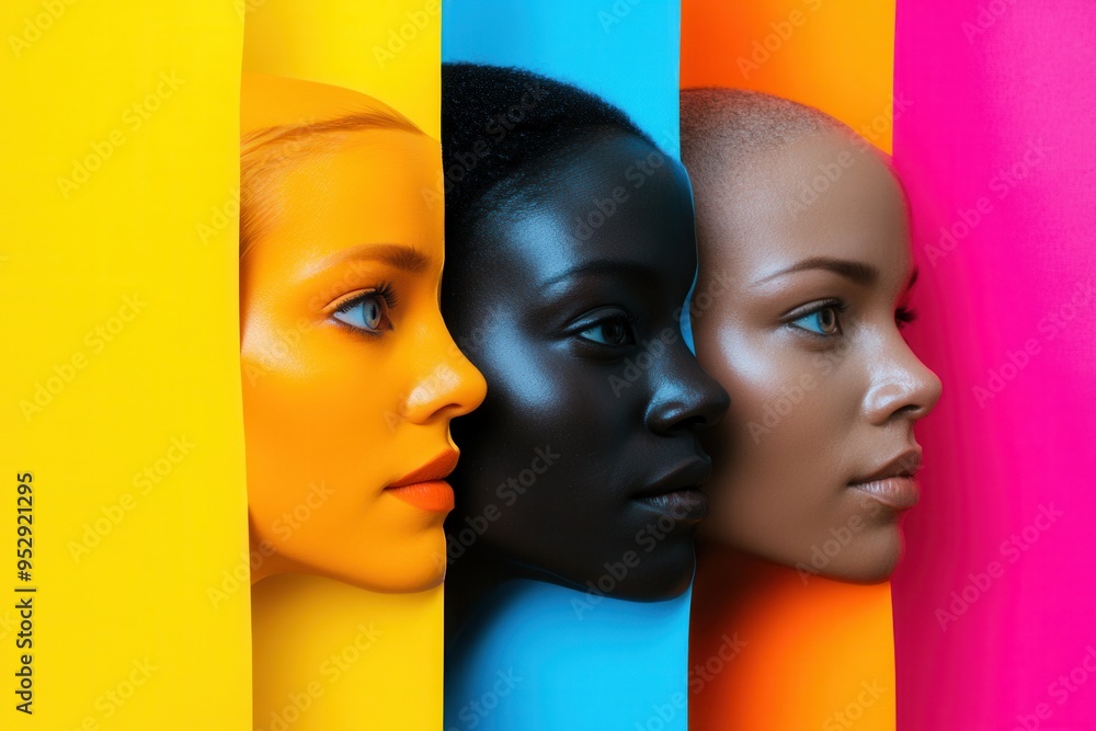 Poster three diverse faces emerge from bright, contrasting backgrounds, illustrating themes of division and