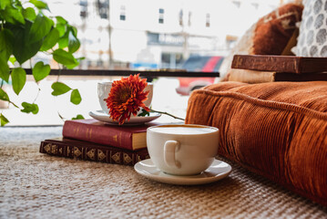 Coffee, Cortado, Latte with Latte art in Cozy Coffee Shop with Plants and Flowers