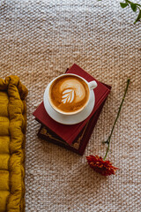 Coffee, Cortado, Latte with Latte art in Cozy Coffee Shop with Plants and Flowers