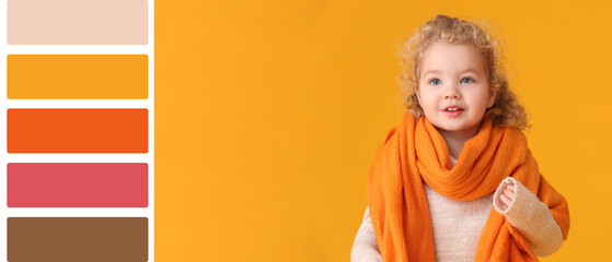 Cute little girl with warm scarf on color background