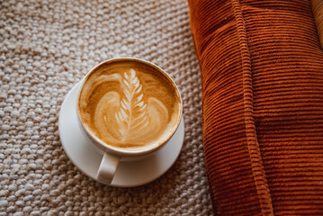 Coffee, Cortado, Latte with Latte art in Cozy Coffee Shop with Plants and Flowers