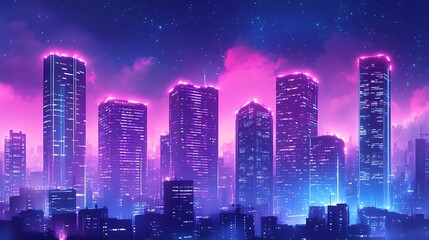 Neon-Lit Skyscrapers Against a Starry Night Sky