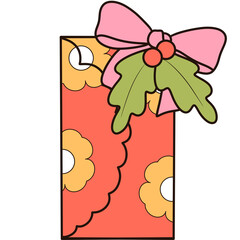 Groovy retro christmas gift box with coquette bow and holly berries clipart Trendy hippie cartoon doodle drawing art illustration