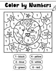 Color by numbers game for kids. Space coloring page with cute planet Earth. Printable worksheet for school and preschool. Learning numbers activity. Vector illustration