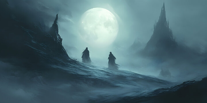 Wraith-like figures in misty landscape illuminated by pale moon