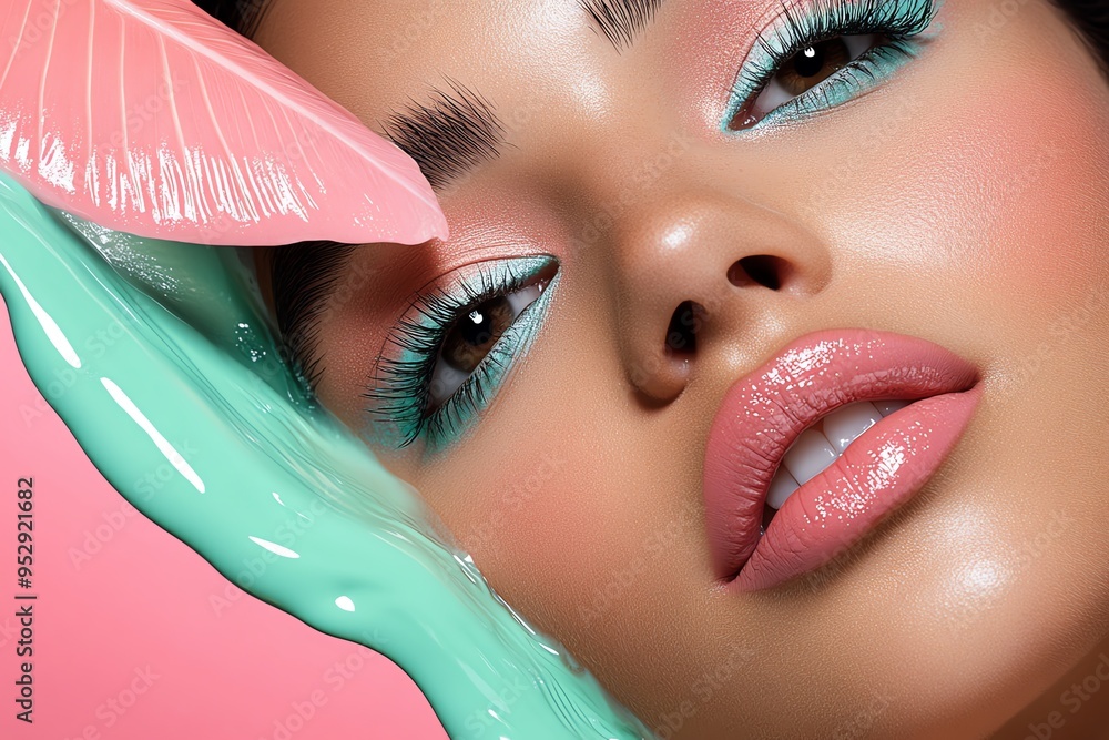Poster mint color makeup look with pastel eyeshadows and soft lips, depicted in an artwork where a makeup l