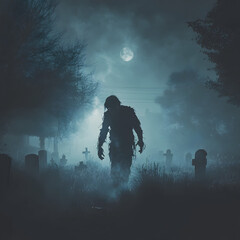 Wretched zombie emerging from misty graveyard at night