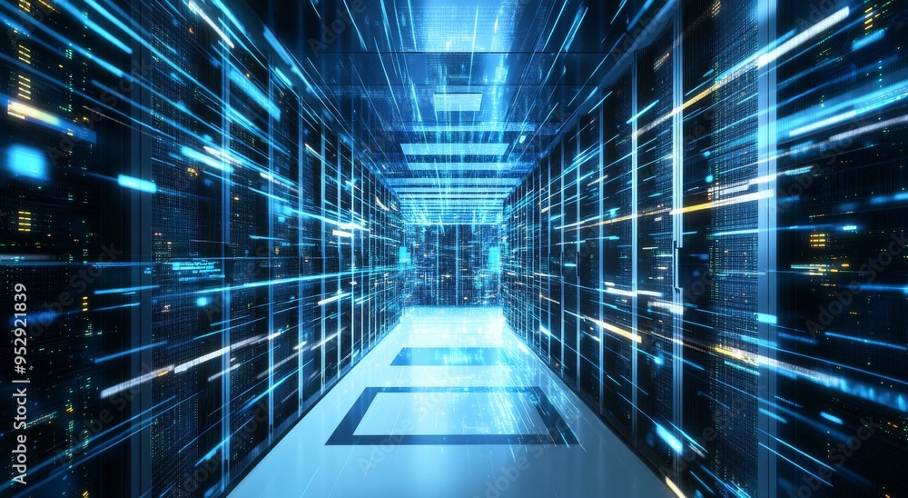 Poster futuristic server room with data flow and digital code