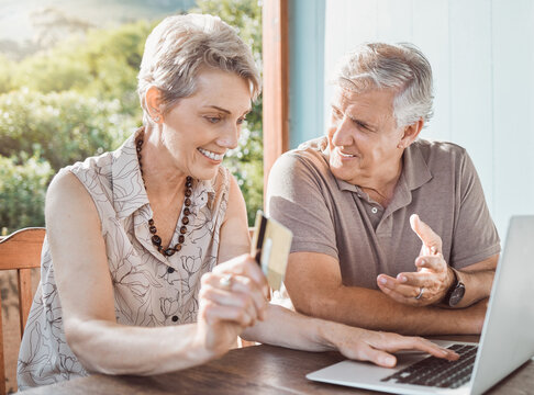 Online shopping, laptop and senior couple on terrace with travel planning, finance or booking email. Computer, old man and woman on patio with credit card, web search or retirement holiday budget