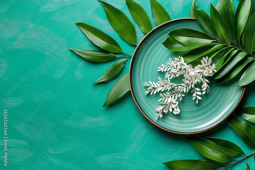 Poster Mint color nature-inspired patterns with delicate details, captured in a photo where patterns feature delicate, nature-inspired designs in mint and pastel tones, perfect for textiles or wallpaper