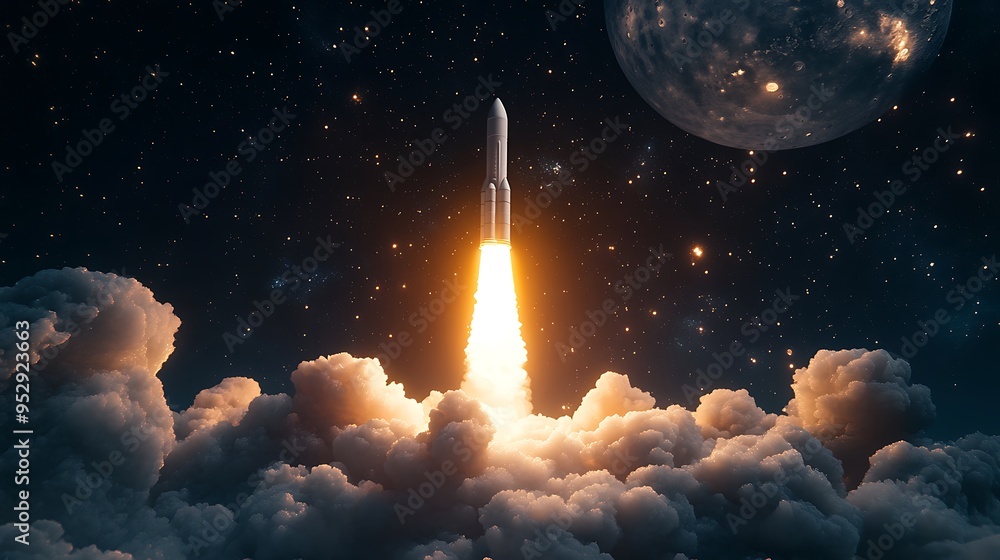 Poster rocket launch through clouds with distant moon and stars