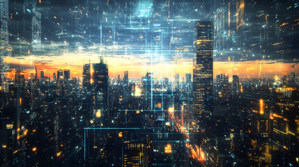 Naklejka premium Nighttime City Lights Fintech Theme Showcasing Big City Ambiance