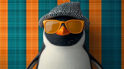 Beautiful penguin in hat wearing yellow sunglasses, in a retro-style fashion with an orange and...