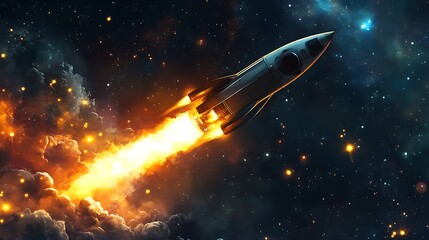 Fototapeta premium Spaceship Launching Through Cosmic Clouds with Fiery Exhaust