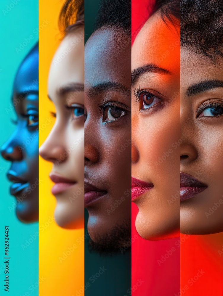 Leinwandbilder Faces representing diversity and differences are separated by a bold line, highlighting societal divisions and biases within vibrant colors. Generative AI