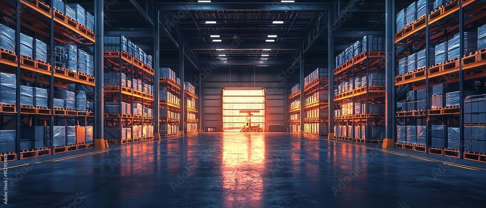 Poster a hightech warehouse where ai and machine learning manage inventory storage, leveraging data analyti