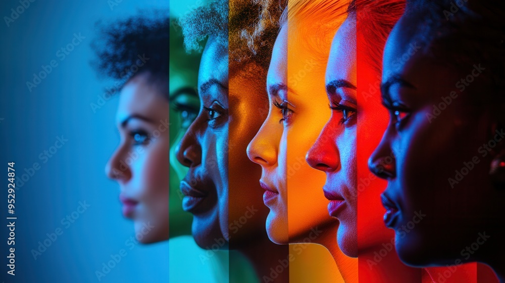 Poster brightly lit faces of diverse individuals are separated by a vivid barrier, showcasing contrasts and