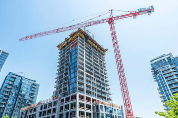 Low angle side view of working crane on construction site of modern high-rise apartment.