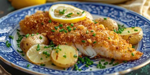 Crispy breaded haddock fillet on a classic blue onion porcelain plate with tender boiled potatoes fresh chives and an organic lemon slice Nutritious and delicious seafood entree
