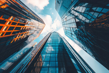 A low angle view of modern buildings in London. The buildings are tall and sleek, with a gray and blue color scheme.