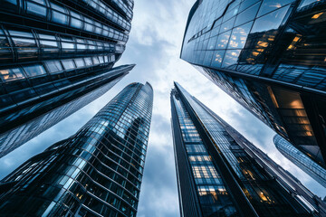 A low angle view of modern buildings in London. The buildings are tall and sleek, with a gray and...