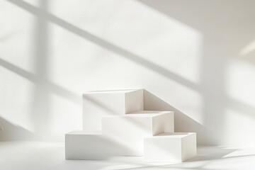 White podium 4 square pedestal stands clean luxury style with low angle.