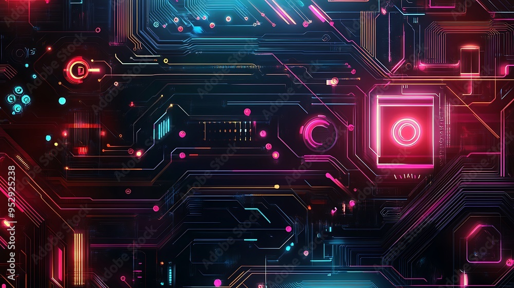 Poster abstract neon circuit board with glowing lines and circles
