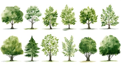 Fototapeta premium Lush Green Summer Tree Foliage Set - set of serene illustrations featuring different trees. Graphic art illustration