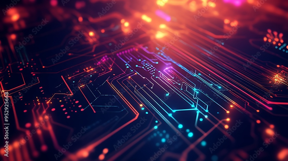 Poster abstract digital circuitry with glowing lines and nodes