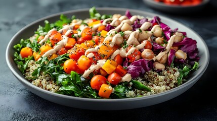 Beautifully Plated Vegan Dish with Vibrant Vegetables Quinoa and Tahini Drizzle