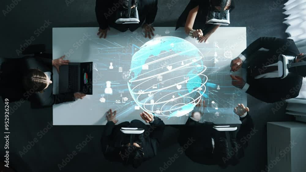 Poster smart project manager working on laptop and sending global network connect to business team by using
